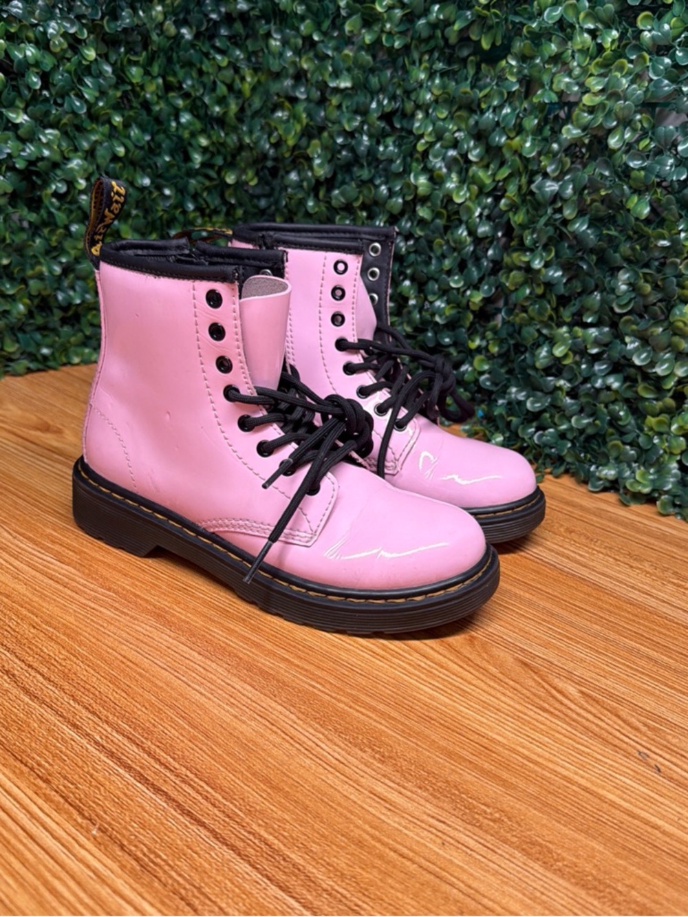 Dr. Martens Pink Patent Lace-Up Boots with Black Trim